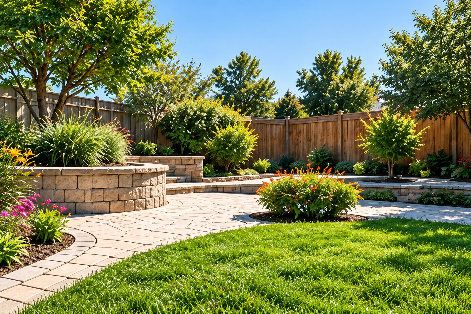 Renovated Fresno backyard with a curving lawn, stone patio and planted borders