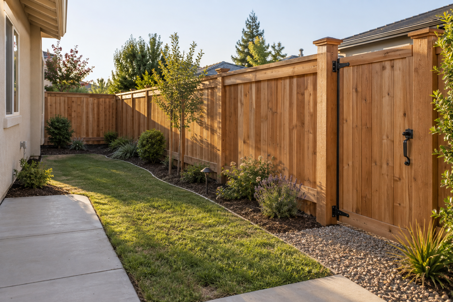 Completed cedar privacy fence and gate integrated with a Fresno side yard