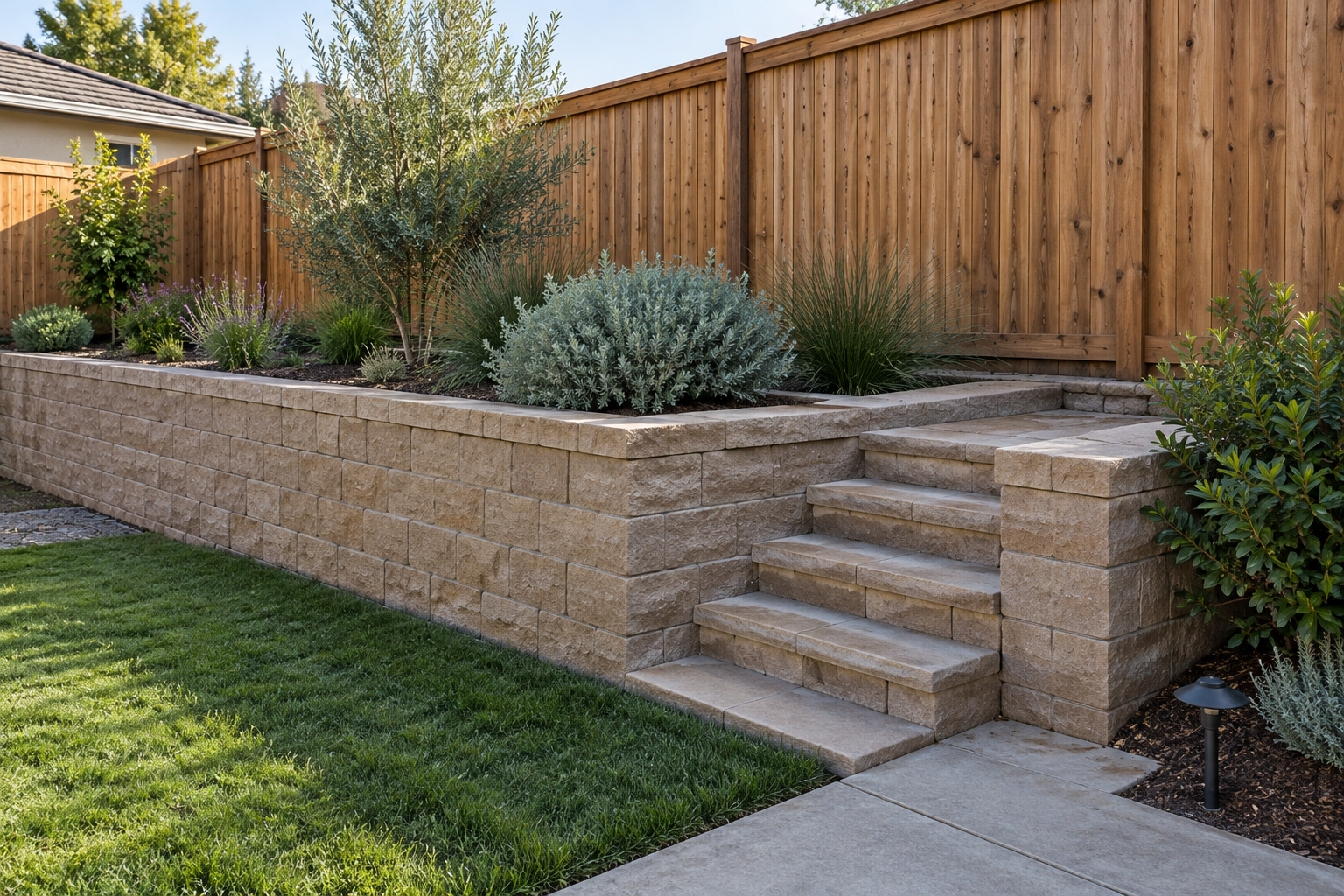 Fresno backyard corner with cedar fence, retaining wall and practical steps