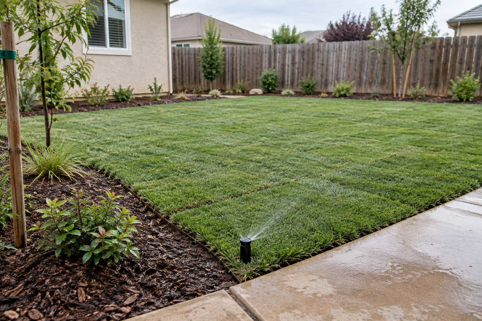 New Fresno sod installation with a practical edge and sprinkler head