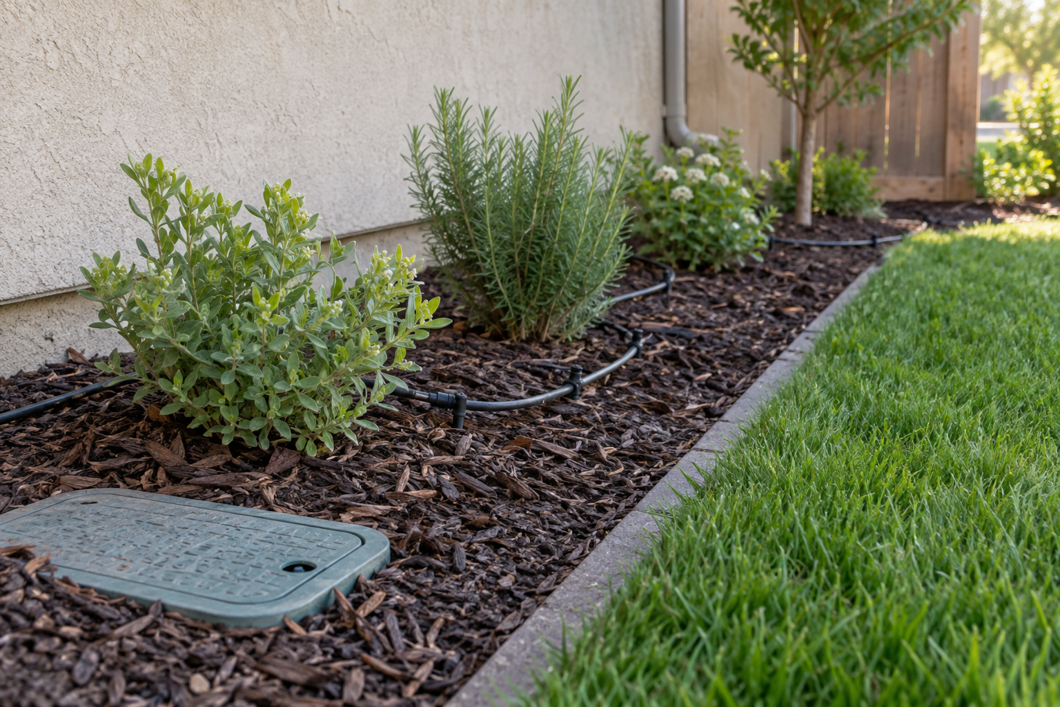 Drip irrigation tubing serving a Fresno planting bed beside lawn