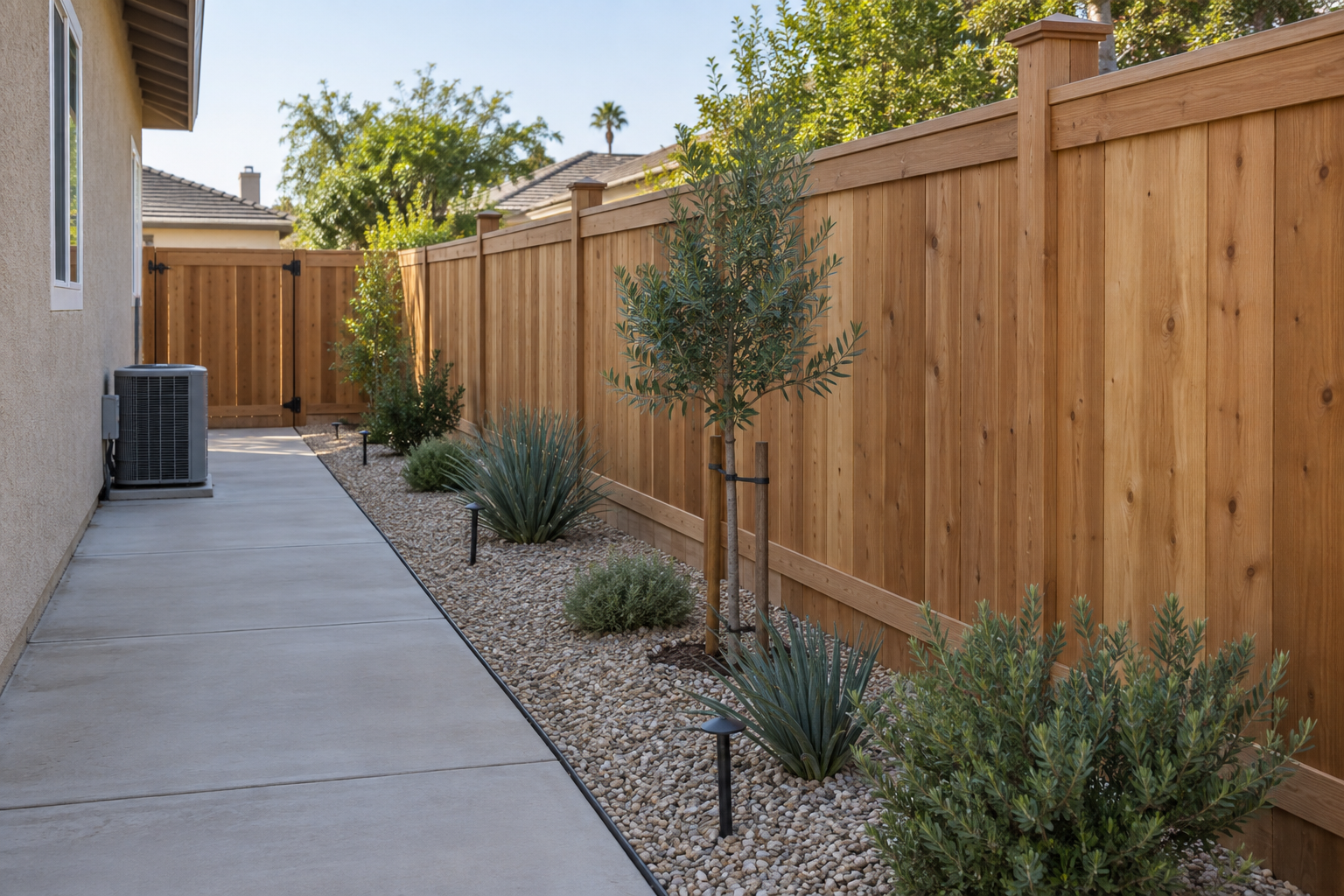 Cedar privacy fence with a practical gate and drought-aware planting