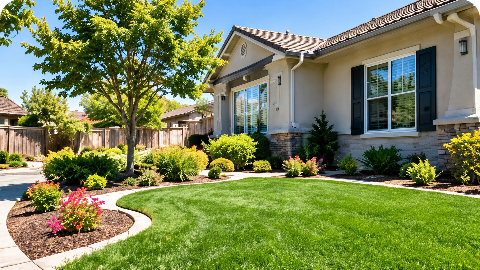 Fresno front yard with a curved green lawn and colorful planting